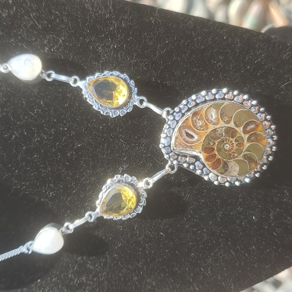 New Ammonite Fossil, Rainbow Moonstone & Citrine 925 Silver Necklace. - Picture 11 of 12